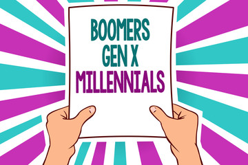 Word writing text Boomers Gen X Millennials. Business concept for generally considered to be about thirty years Man holding paper important message remarkable blue purple rays bright idea.