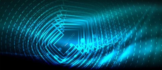 Neon glowing wave, magic energy and light motion background. Wallpaper template, hi-tech future concept