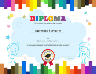Kids Diploma or certificate template with colorful stripe background
