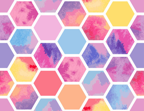 Watercolor seamless pattern of colorful hexagons. Vector geometric texture for background. Abstract modern illustration.