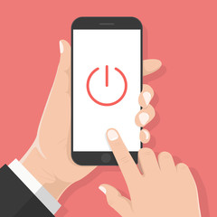 Flat design style human hand  holding smartphone or tablet with Power Symbol on the screen.vector design element illustration