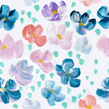 Abstract colorful flowers seamless pattern, hand painted background