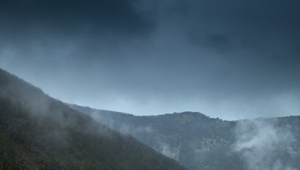 Dark mountains with fog and clouds