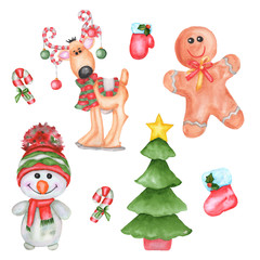 New Year set with a Christmas tree, reindeer, cookie, snowman, candy, celebration sock, glove. Watercolor illustration isolated on white background. Can be used for greeting postcard, holiday stickers