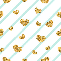 Gold heart seamless pattern. Blue-white geometric stripes, golden confetti-hearts. Symbol of love, Valentine day holiday. Design wallpaper, background, fabric texture. Vector illustration