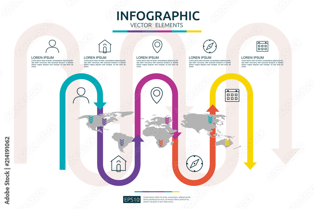 Poster 5 steps business infographic. timeline design template with arrow element and world map pin backgrou