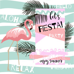 Summer abstract poster with flamingo. Vector illustration with hand drawn palm leaves
