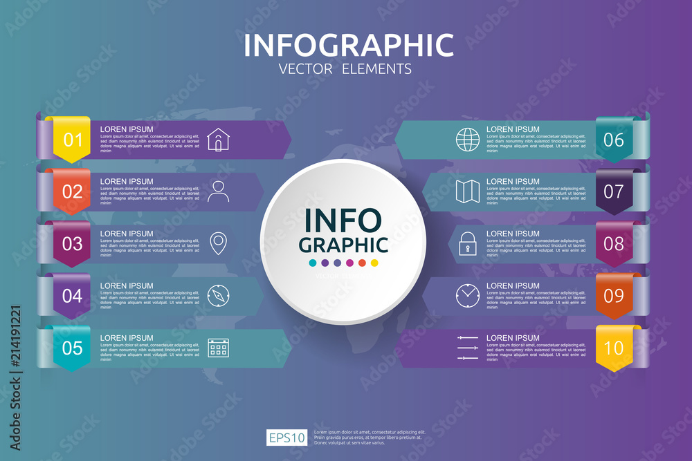 Aufkleber 10 steps business infographic. timeline design template with arrow and circle element concept with o