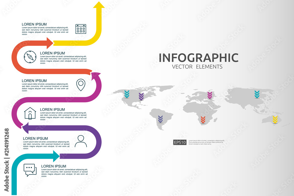 Poster 6 steps business infographic. timeline design template with arrow element and world map pin backgrou