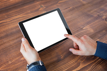 Business man using tablet computer. Tablet horizontal screen mockup.