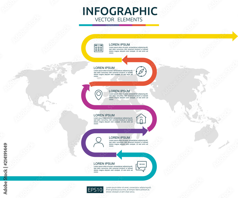 Aufkleber 6 steps business infographic. timeline design template with arrow element and world map pin backgrou