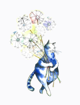 Drawing with watercolor depicting a cat with dandelions for print, design, cover