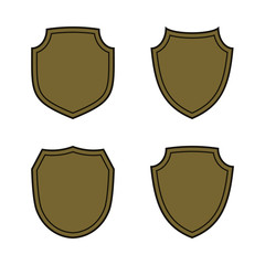 Shield shape bronze icons set. Simple silhouette flat logo on white background. Symbol of security, protection, safety, strong. Element for secure protect design emblem. Vector illustration