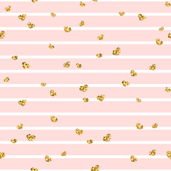 Gold heart seamless pattern. Pink-white geometric stripes, golden confetti-hearts. Symbol of love, Valentine day holiday. Design wallpaper, background, fabric texture. Vector illustration