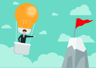 Successful businessman in balloon bulb shape on the way to red flag on top mountain.
