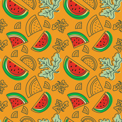 Watermelon seamless pattern. Hand drawn fresh tropical berry. Multicolored vector sketch background. Colorful doodle wallpaper. Red, orange and green print