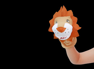 Hand wearing Lion puppets isolated on black background, Lion head.