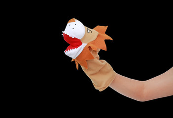Hand wearing Lion puppets isolated on black background, Lion head.