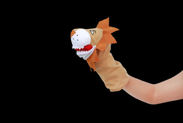 Hand wearing Lion puppets isolated on black background, Lion head.