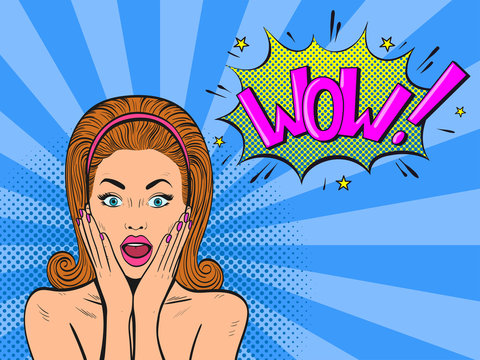 Surprised woman with open mouth. Wow female face. Comic woman. Pop Art vintage vector illustration