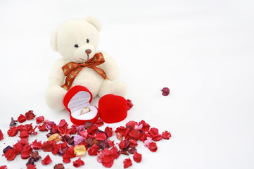 Golden wedding rings and red box at toy bears paws against dried flower background.