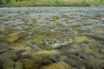 The rocky bottom of a mountain river