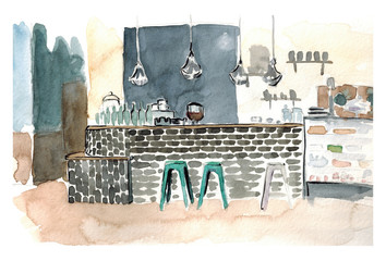 Watercolor hand drawn sketch of interior of a coffee house art