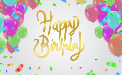 Happy birthday lettering  Hand drawn invitation design confetti and gift box, design template for birthday celebration