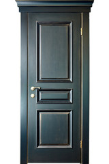 Wooden interior black and golden door of ebony with brass metal handle isolated on white