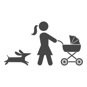 Mother With Baby Carriage Walking With Dog