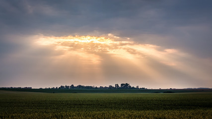 Rural landscape with dark dramatic sky during sunrise. The rays of the sun penetrate through a dark cloud