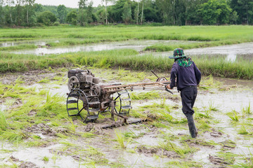 Obraz premium plows machine - Farmer using walking tractor plowing in rice field to prepare the area to grow rice.