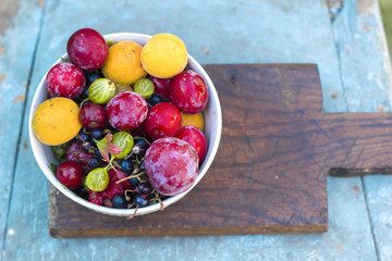 Summer fruit berries - gooseberries, cherry plums, barberry, raspberries, apricots, lie in a plate. 
