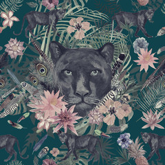 Seamless hand drawn watercolor pattern with panther, flowers, feathers, flowers.