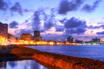 Fototapeta na wymiar A night view of the famous Malecon, the main seafront boulevard in the center of Havana Cuba