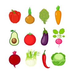 Set of different vegetables in flat style. Bell pepper, onion, a