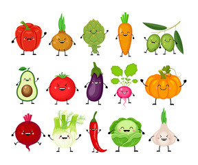 Funny cartoon set of different vegetables. Kawaii vegetables.  S