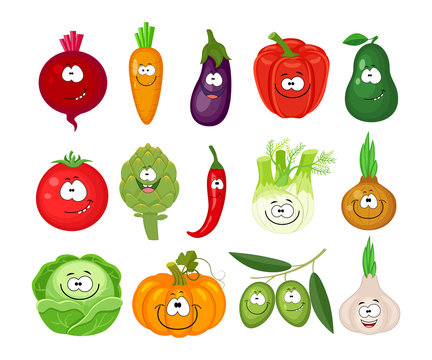 Funny cartoon set of different vegetables. Smiling beetroot, car