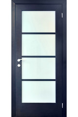 Wooden interior black door of ebony with silver metal handle and inset of rectangular frosted glass isolated on white