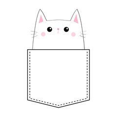 Sad cat in the pocket. Doodle linear sketch. Pink cheeks. Cute cartoon animals. Kitten kitty character. T-shirt design. Dash line. Pet animal. White and black color. Baby background. Isolated. Flat