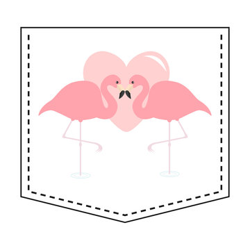 Flamingo love couple pocket print. Pink heart. T-shirt design. Cartoon animals. Cute baby character. Dash line. Bird animal. White background. Isolated. Flat design