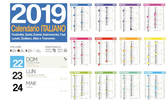 2019 italian calendar with italian holidays, zodiac , saints, moon phases, astronomical events, sunset and sunrise