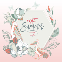 Fototapeta premium Vector summer tropical Magnolias and Pelican
