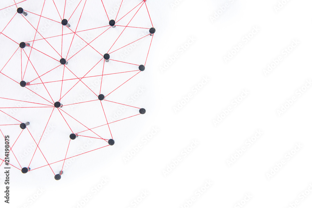 Wall mural connecting networks concept - network connected with yarn red on white paper with copy space. simula
