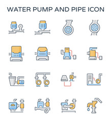 Water pump station icon. Consist of centrifugal, submersible and well pump. Powered by engine, hand and electric motor with solar energy. For produce flow and pressure to distribution or supply water.