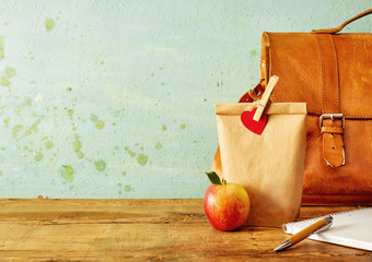 Healthy school lunch concept with brown bag