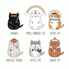 Set of different hand drawn kawaii cats, ninja, unicorn, astronaut, detective, office worker, sailor. Isolated objects on white background. Line drawing. Vector illustration. Design concept kids print