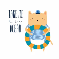 Zelfklevend Fotobehang Hand drawn vector illustration of a cute funny cat with pool float, lettering quote Take me to the ocean. Isolated objects. Scandinavian style flat design. Concept for children print, summer holidays. © Maria Skrigan