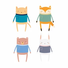 Keuken spatwand met foto Set of cute funny animals in sweaters. Isolated objects. Hand drawn vector illustration. Scandinavian style flat design. Concept for children print. © Maria Skrigan