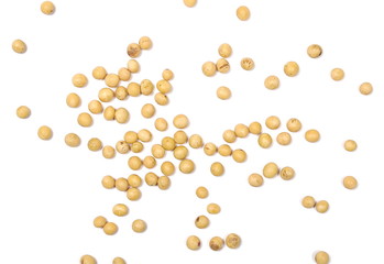 Organic raw soybeans, isolated on white background, top view